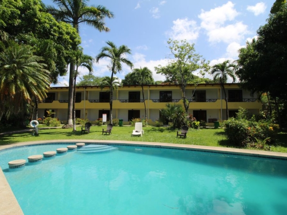 Building view from pool of Samara Central Hotel, business for sale at Samara Beach, Guanacaste, Costa Rica