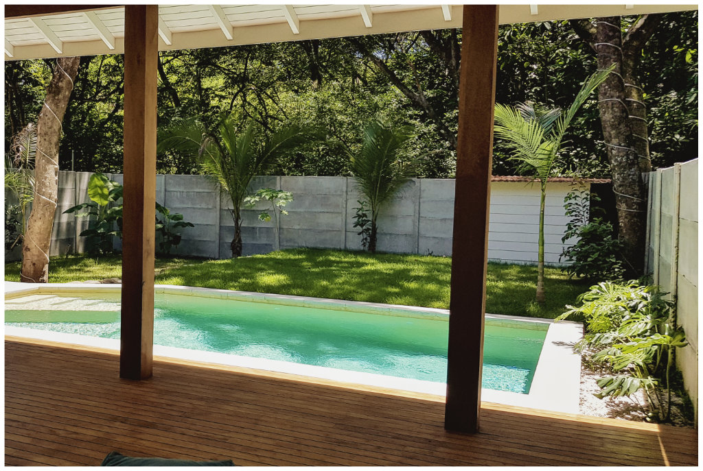 wooden terrace adn pool at Casa Gala, house for sale at Samara Beach, Guanacaste, Costa Rica