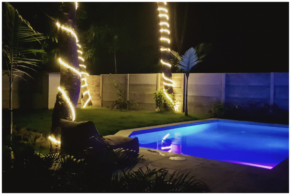 lighted blue pool of Casa Gala, house for sale at Samara Beach, Guanacaste, Costa Rica
