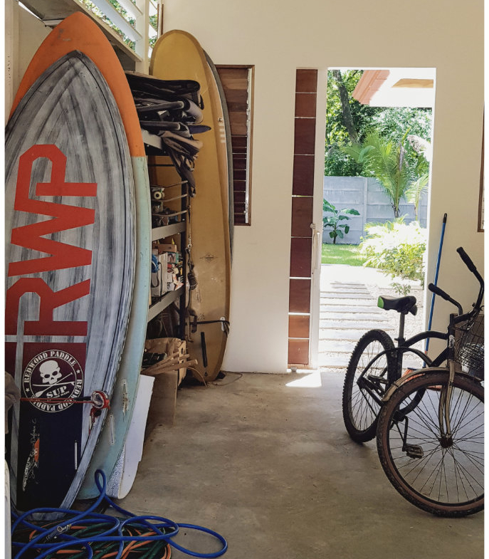 surfboards in garage of Casa Gala, house for sale at Samara Beach, Guanacaste, Costa Rica