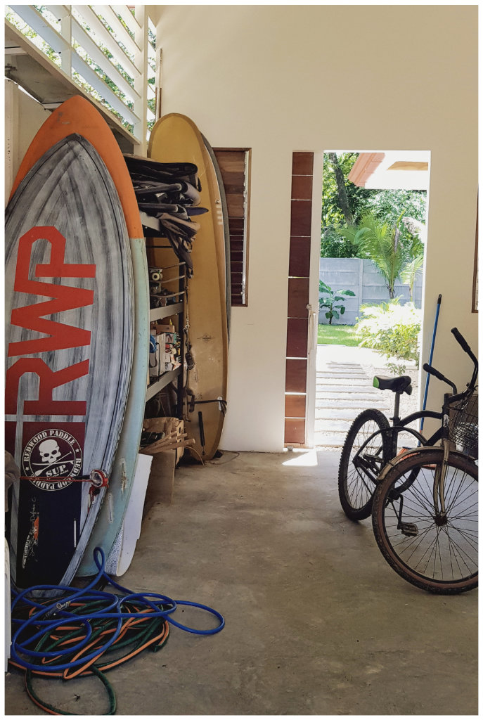 surfboards in garage of Casa Gala, house for sale at Samara Beach, Guanacaste, Costa Rica