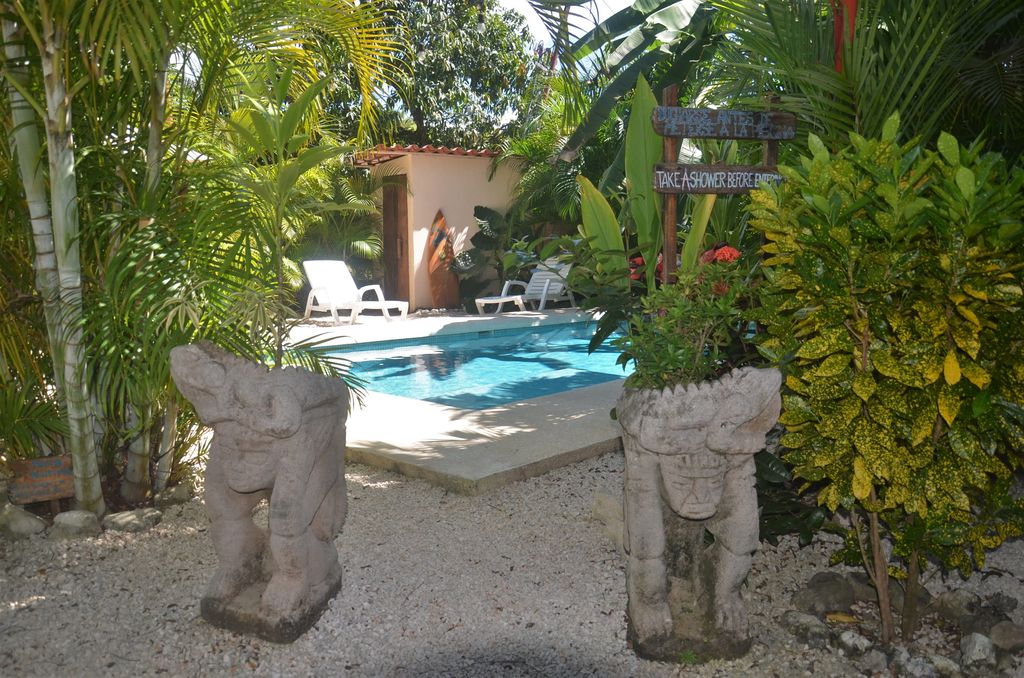 Statues at the entrance of the pool at Casa La Isla, rental income property for sale at Samara Beach, Costa Rica