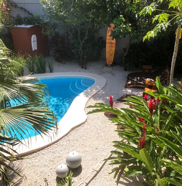 Pool view at Relax Lodge hotel and rental income property, for sale atSamara Beach, Guanacaste, Costa Rica