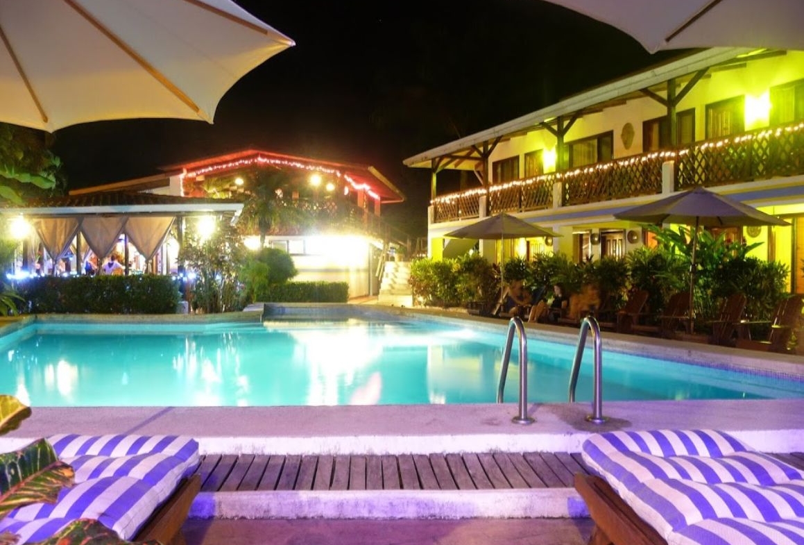 Night view on pool at Hotel Pacifico, business for sale at Samara Beach, Guanacaste, Costa Rica