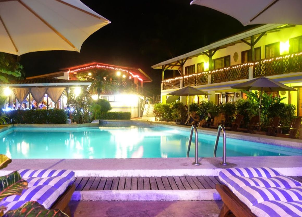 Night view on pool at Hotel Pacifico, business for sale at Samara Beach, Guanacaste, Costa Rica