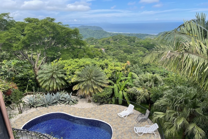 pool area from balcony of Villa Amanecer, house for sale at Carrillo Beach, Guanacaste, Costa Rica