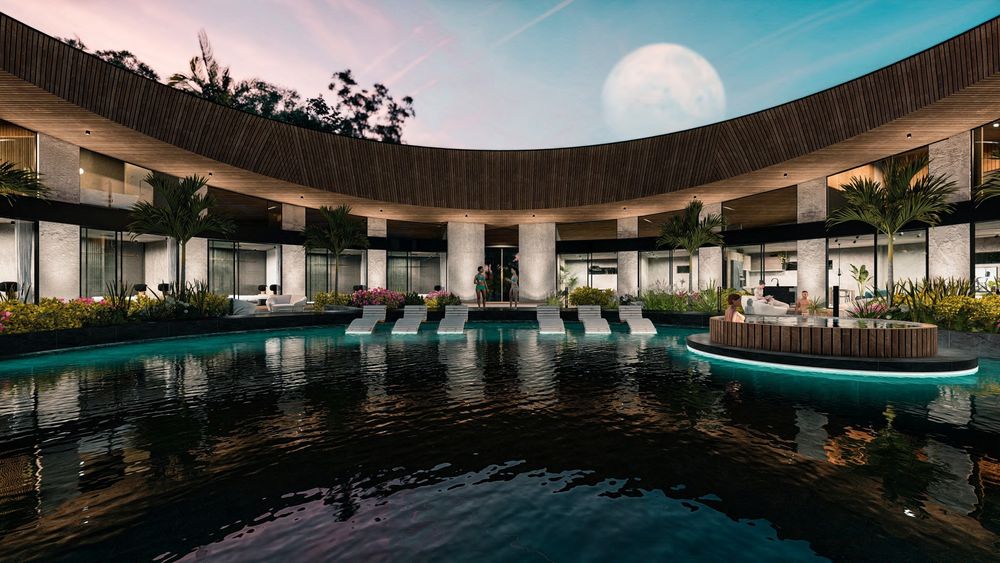 Tropical pool area lighted in the night at Samara Moon luxury home for sale Samara Costa Rica