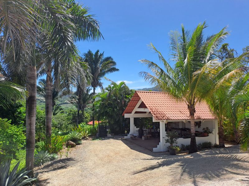 Carport surrounded by palm trees and mountains at Casa Vista Las Palmas home for sale samara maquenco costa rica