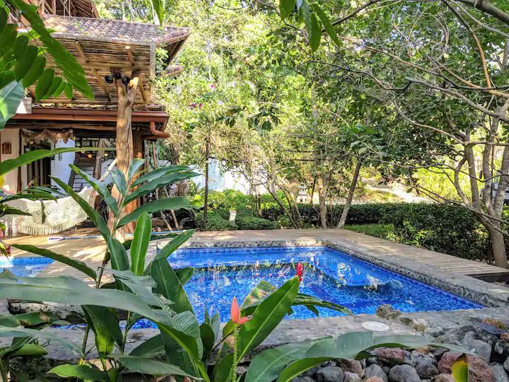 pool and garden view at Casa KUPU KUPU luxury home for sale samara Guanacaste Costa Rica